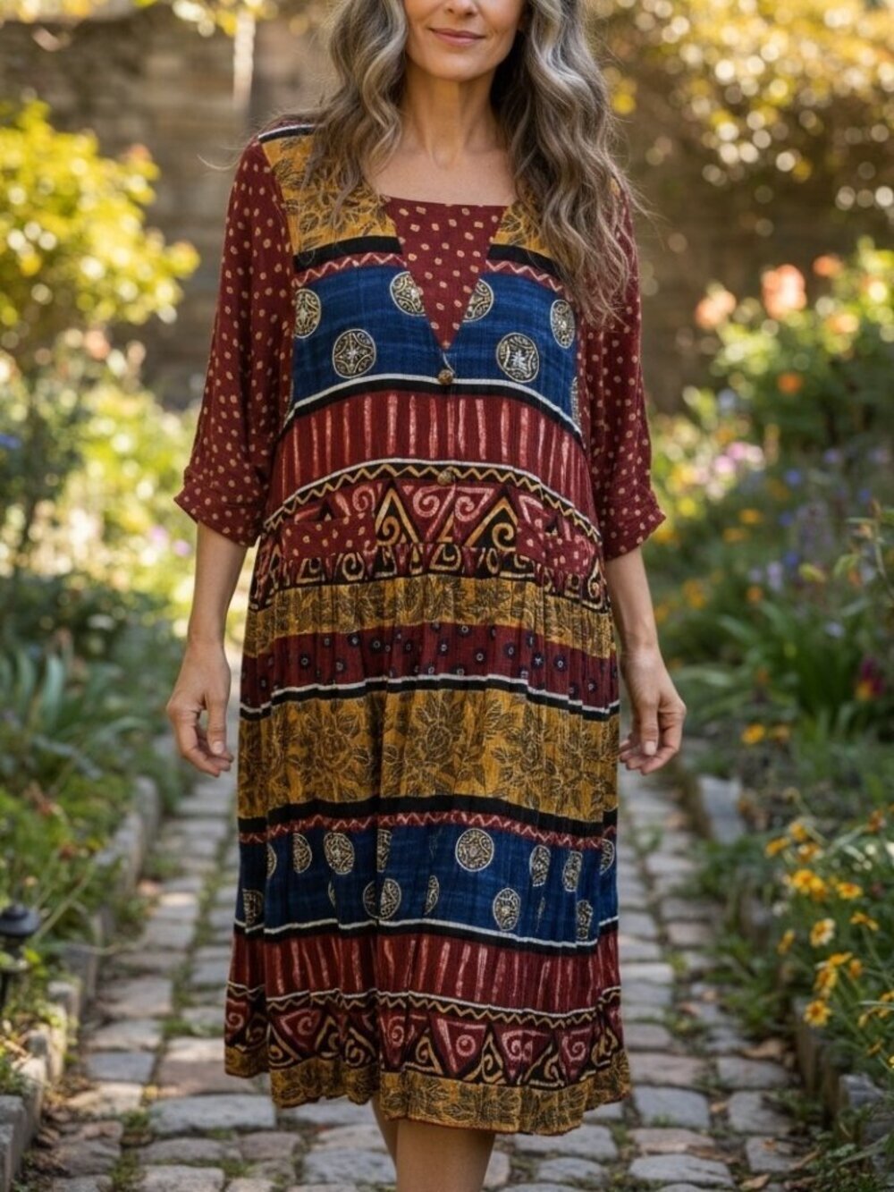 Vintage Anthony Mark Hankins Boho Patchwork Midi Dress Rayon Size 14
